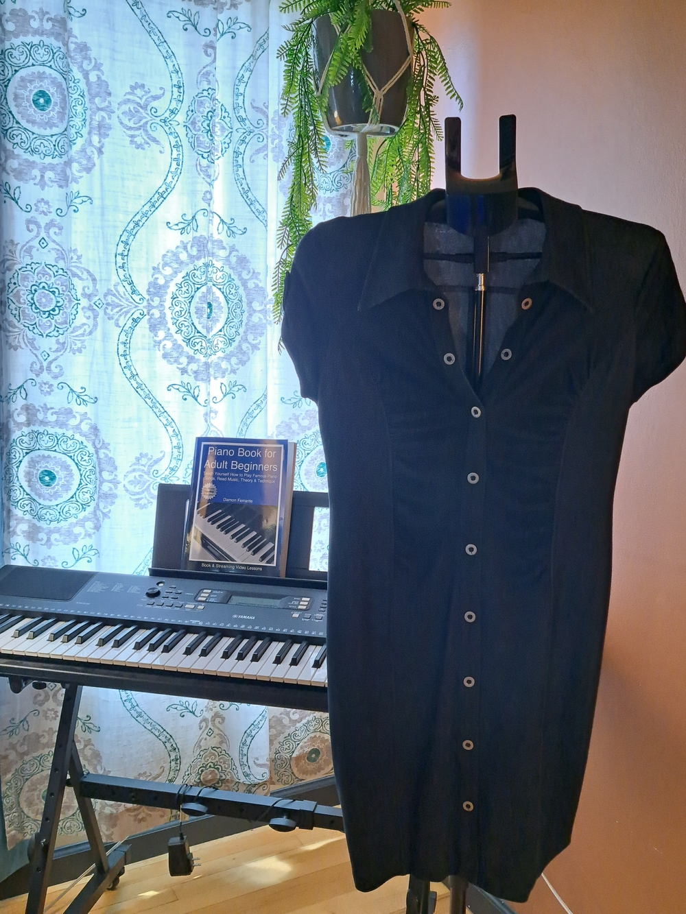 Black Short-Sleeve Button-Front Shirt Dress